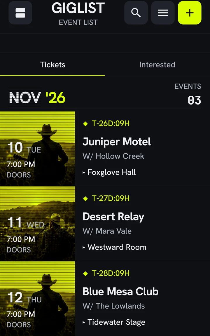 Giglist groups concert tickets by month, with each show's date, artwork, and venue.